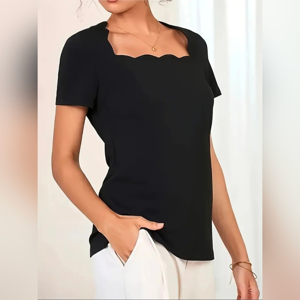Black Scalloped Neck Women's Top - Picture 3 of 4